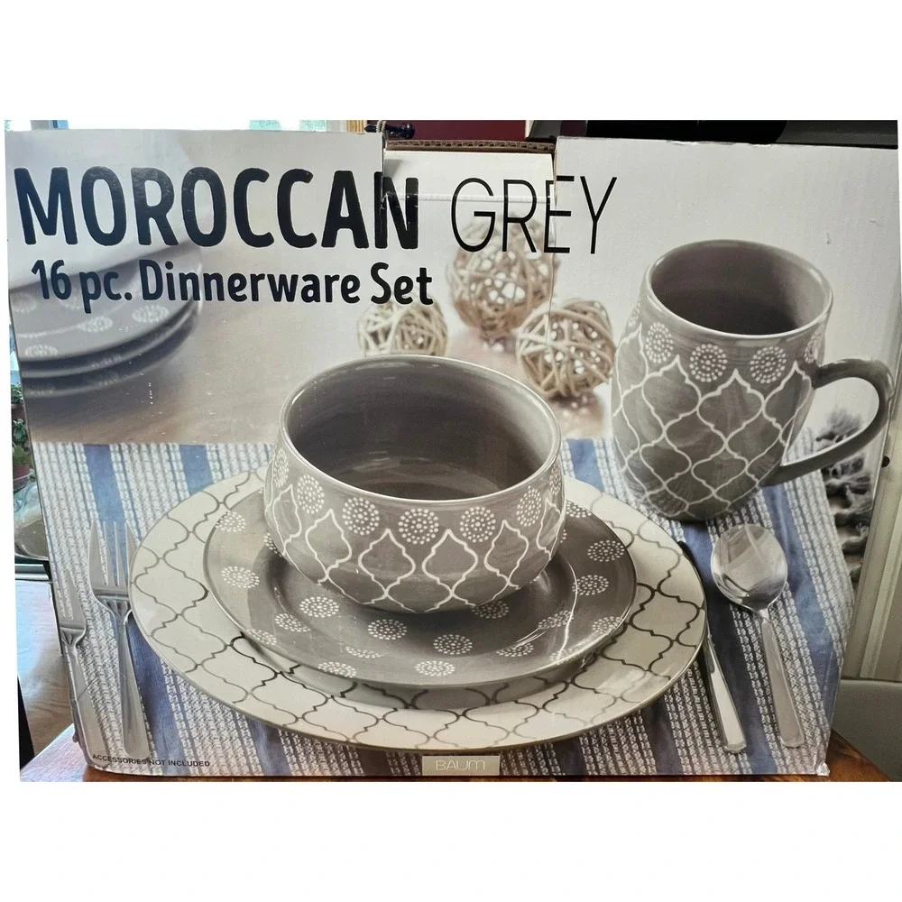 Baum Dinnerware Set Moroccan Grey 16pc Grey New Service for 4 Stoneware